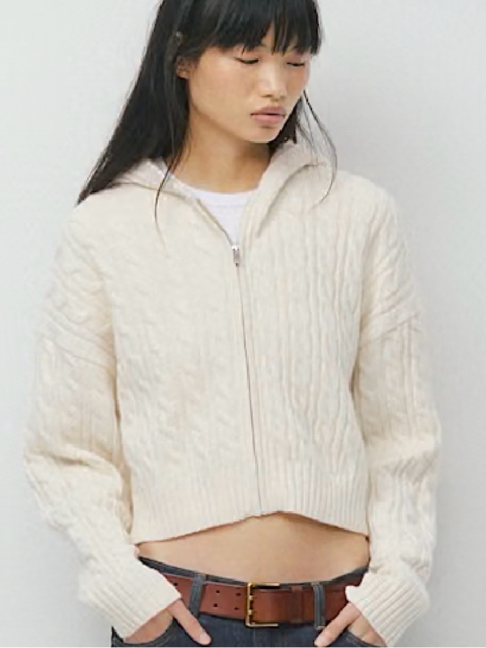 Aritzia Octavia Wool Zip Up Sweater Hoodie Jacket XL Cropped Cable Knit White